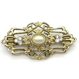 Art Deco Victorian Style Brooch Faux Pearl Cabochon Clear Stones Gold Tone